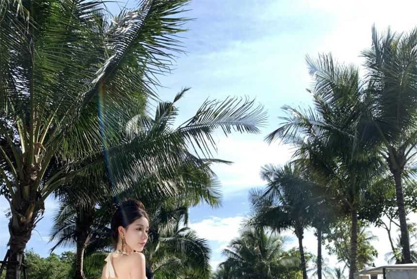 Halter Dress Plain A-Line V-Neck Maxi