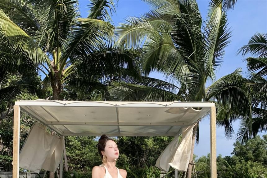 Halter Dress Plain A-Line V-Neck Maxi