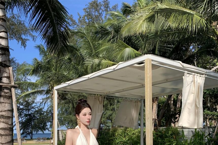 Halter Dress Plain A-Line V-Neck Maxi