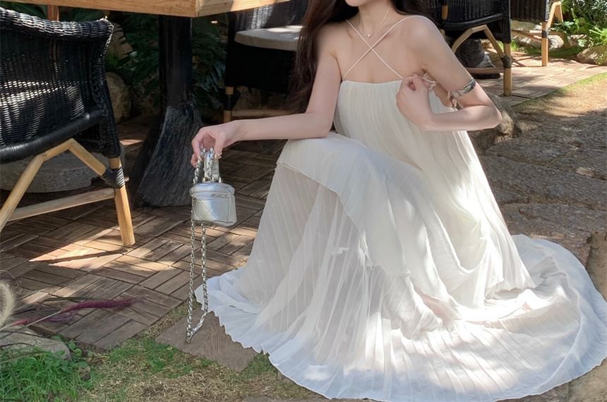 Midi Spaghetti Strap Pleated Plain Dress