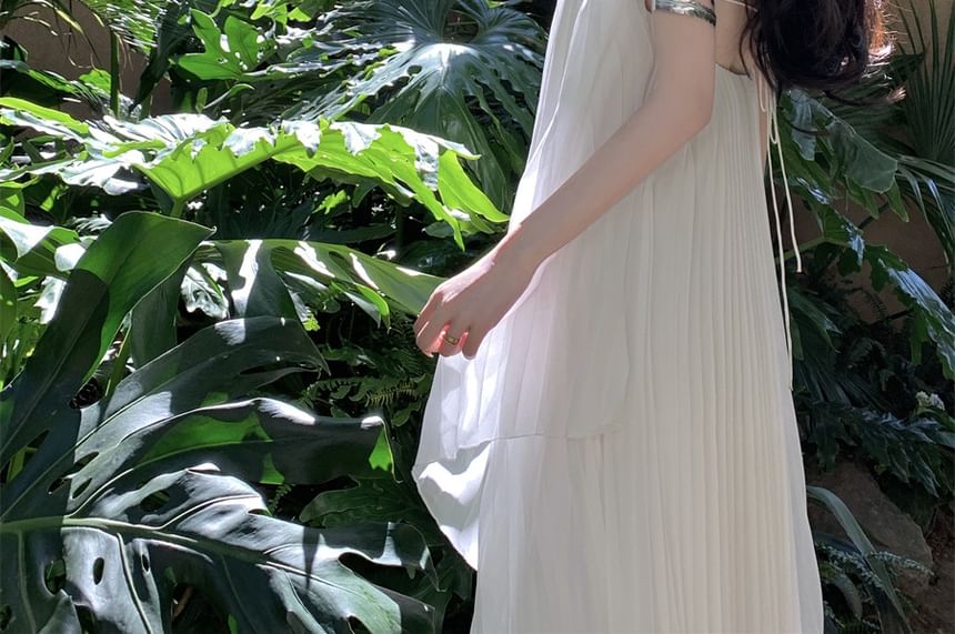 Midi Spaghetti Strap Pleated Plain Dress