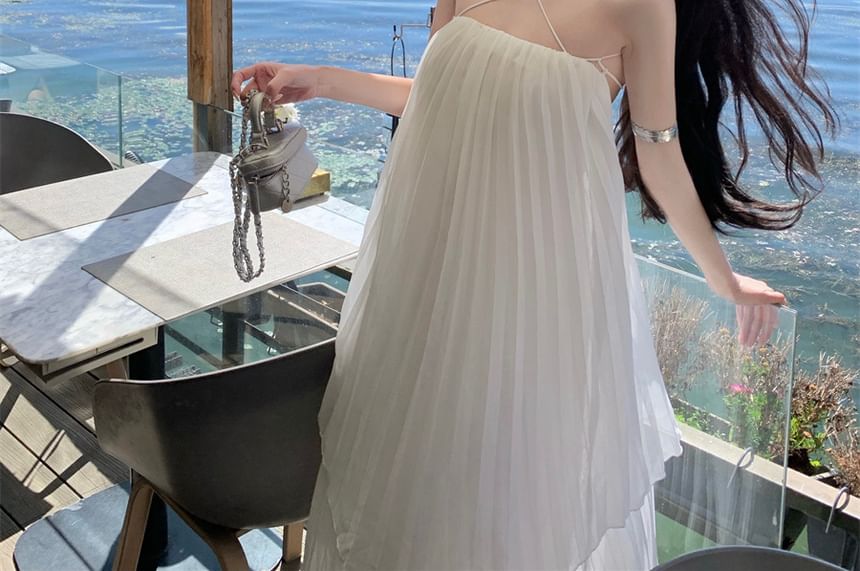 Midi Spaghetti Strap Pleated Plain Dress