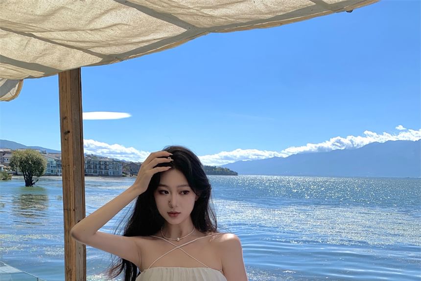 Midi Spaghetti Strap Pleated Plain Dress