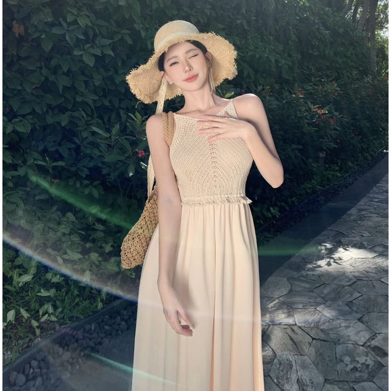 Panel Spaghetti Maxi Strap Knit Plain Dress A-Line