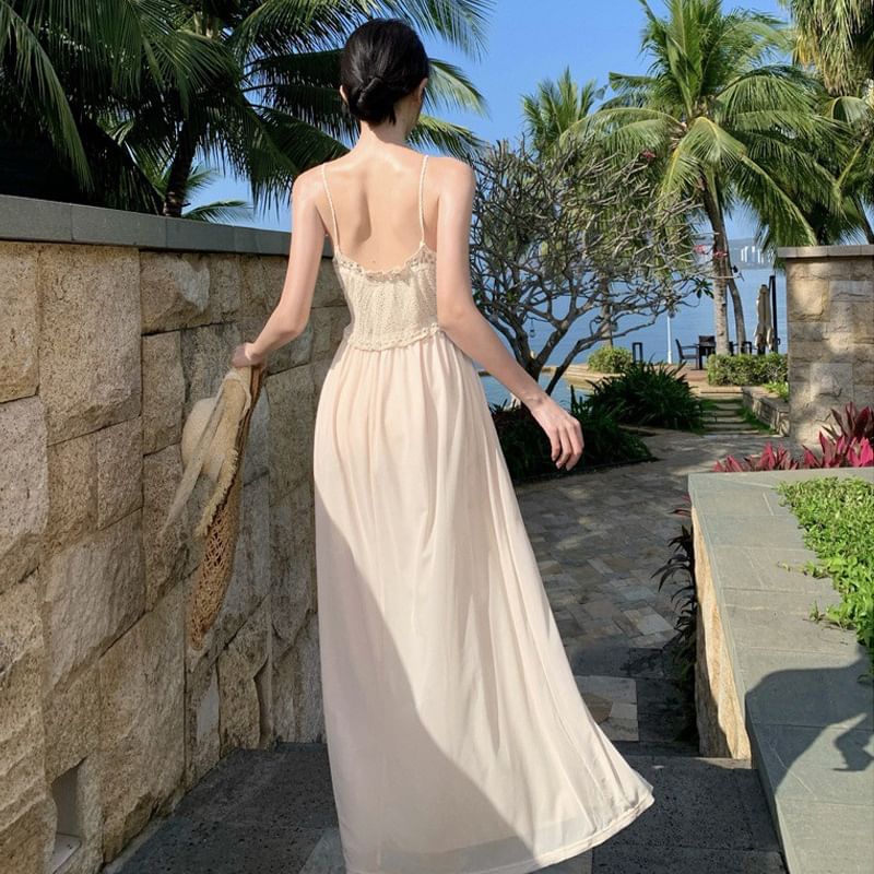 Panel Spaghetti Maxi Strap Knit Plain Dress A-Line