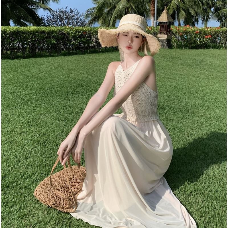 Panel Spaghetti Maxi Strap Knit Plain Dress A-Line