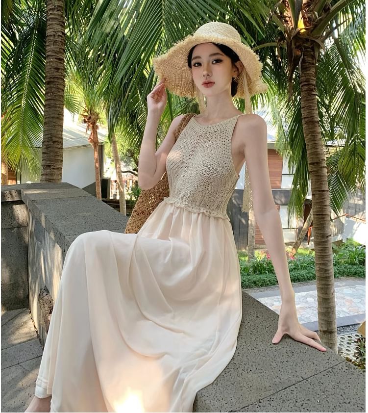 Panel Spaghetti Maxi Strap Knit Plain Dress A-Line