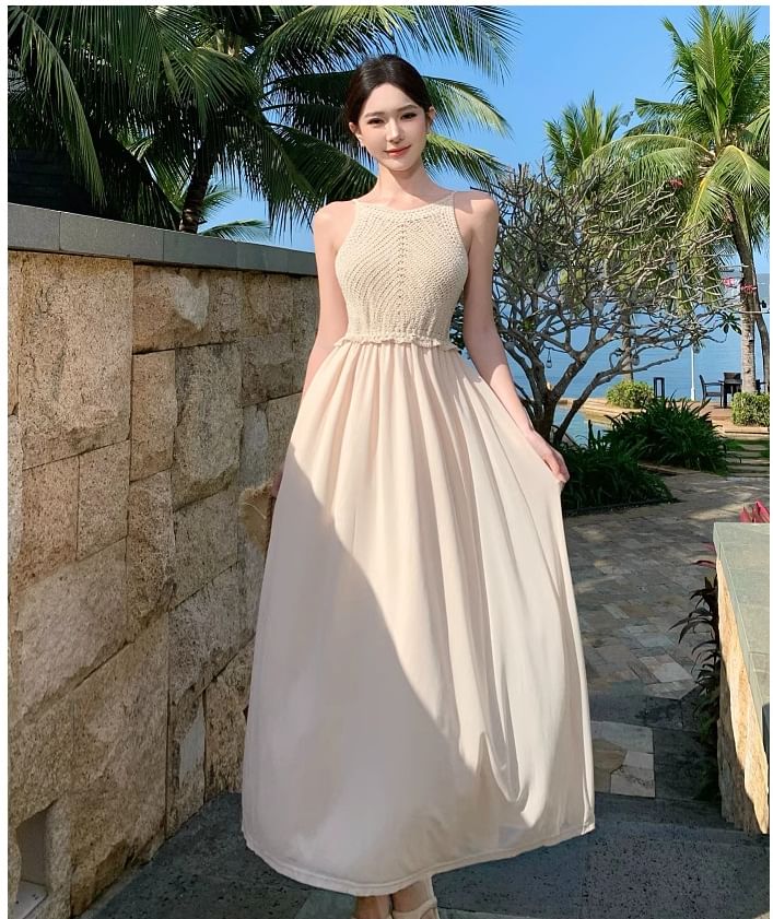 Panel Spaghetti Maxi Strap Knit Plain Dress A-Line