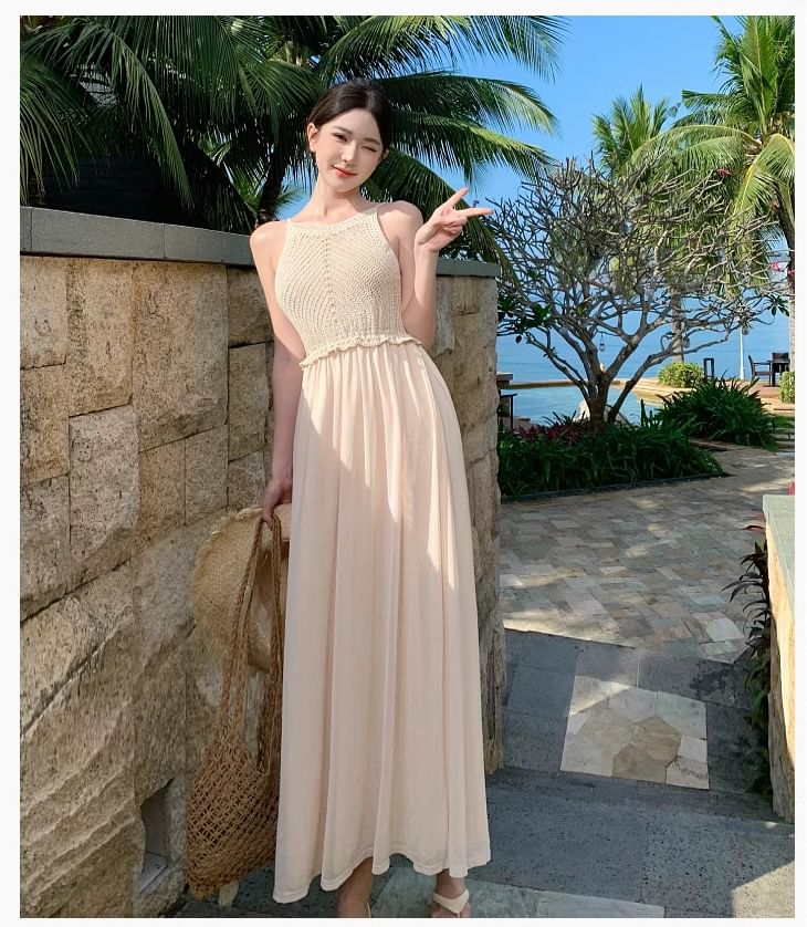 Panel Spaghetti Maxi Strap Knit Plain Dress A-Line