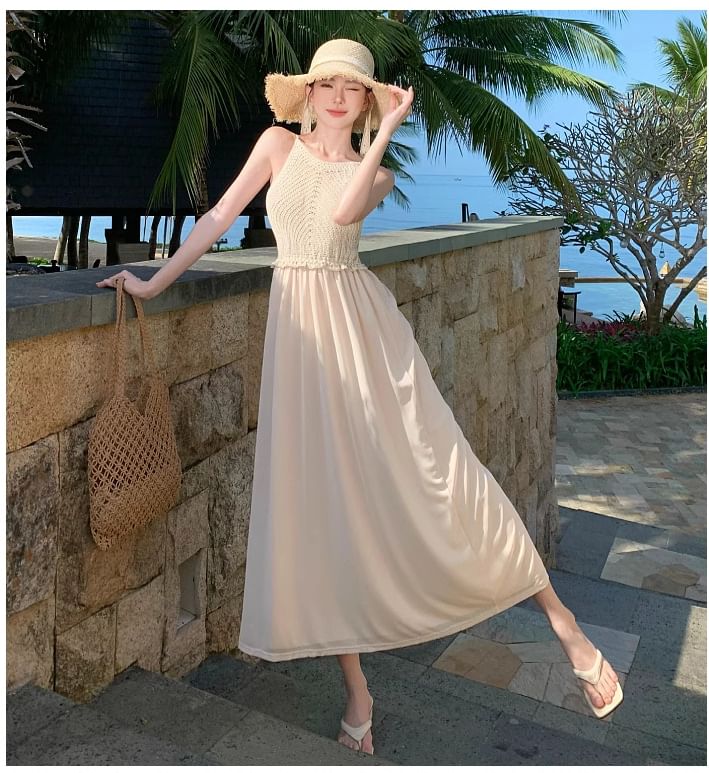 Panel Spaghetti Maxi Strap Knit Plain Dress A-Line