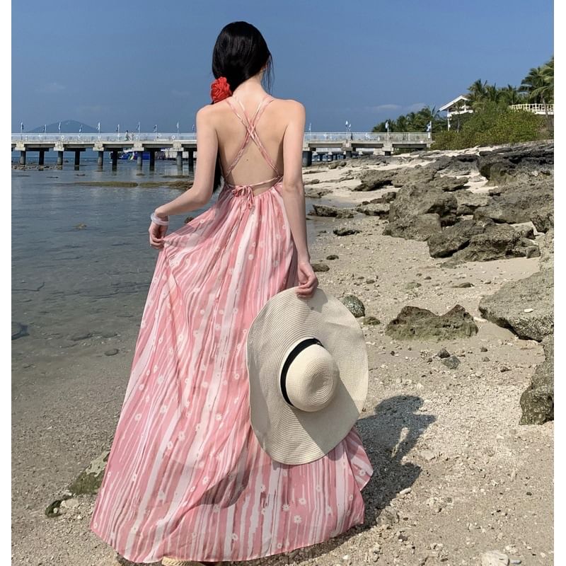 Spaghetti Strap V-Neck Maxi A-Line Dress Patterned