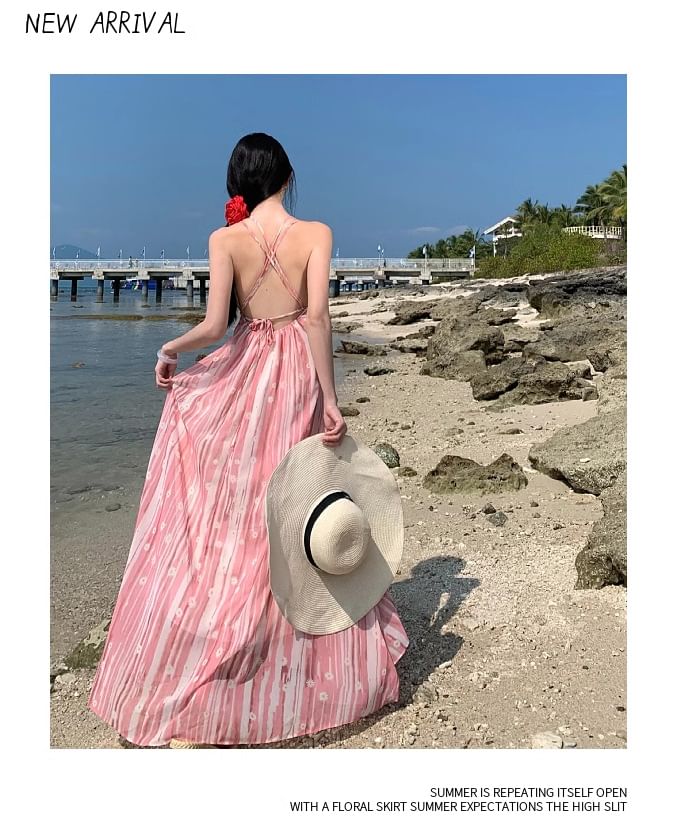 Spaghetti Strap V-Neck Maxi A-Line Dress Patterned