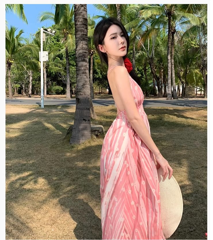 Spaghetti Strap V-Neck Maxi A-Line Dress Patterned