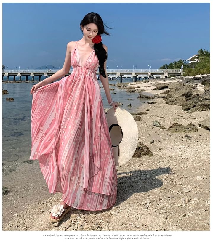 Spaghetti Strap V-Neck Maxi A-Line Dress Patterned