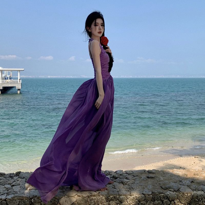 Strap Neck Scoop Plain Dress Spaghetti Maxi A-Line