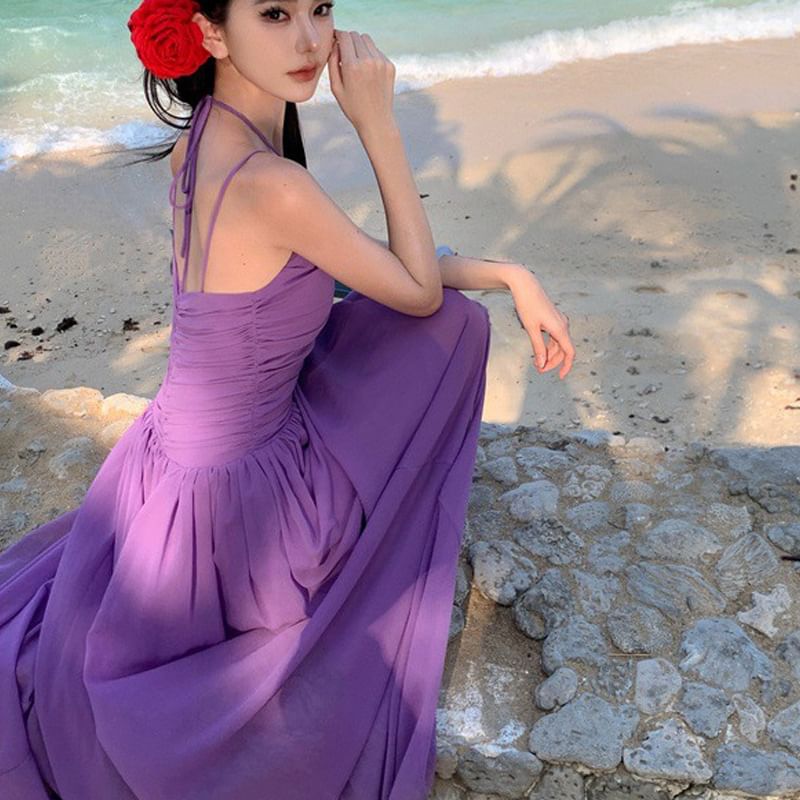 Strap Neck Scoop Plain Dress Spaghetti Maxi A-Line