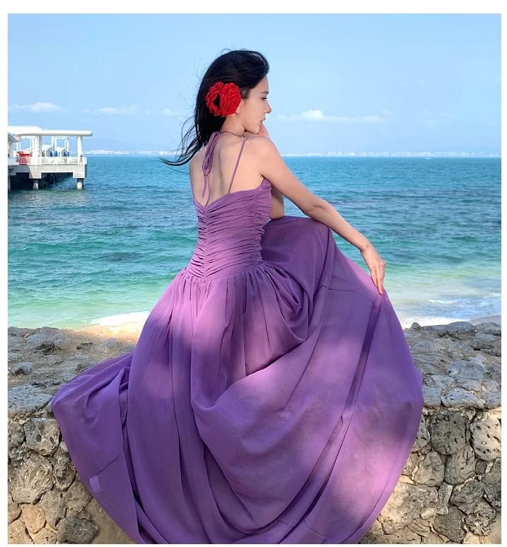 Strap Neck Scoop Plain Dress Spaghetti Maxi A-Line