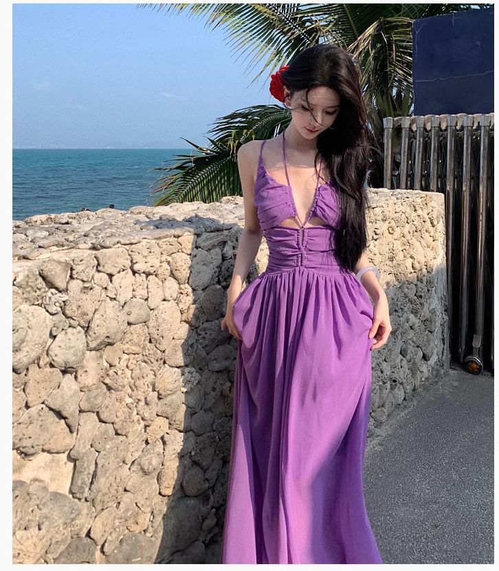 Strap Neck Scoop Plain Dress Spaghetti Maxi A-Line