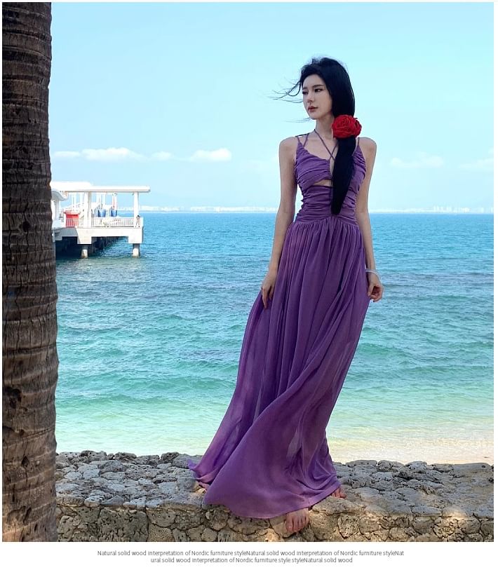 Strap Neck Scoop Plain Dress Spaghetti Maxi A-Line