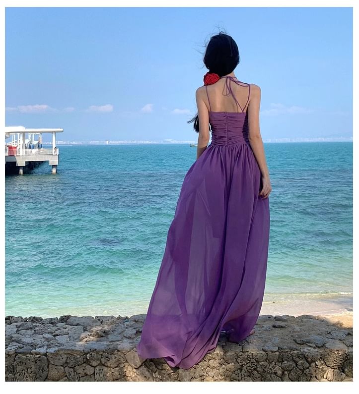 Strap Neck Scoop Plain Dress Spaghetti Maxi A-Line