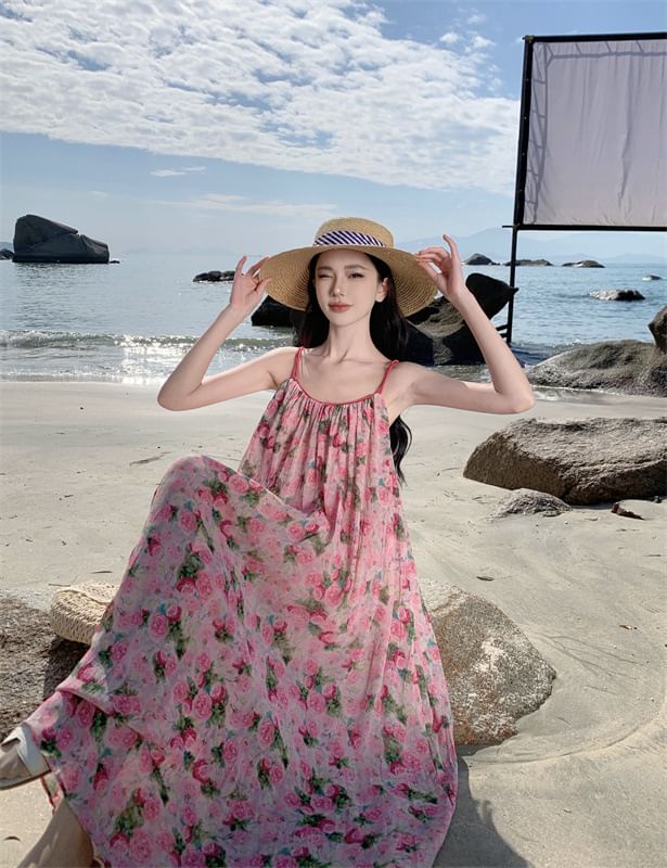 Maxi Spaghetti Dress A-Line Floral Strap Neck Scoop
