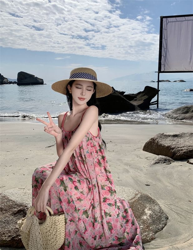 Maxi Spaghetti Dress A-Line Floral Strap Neck Scoop