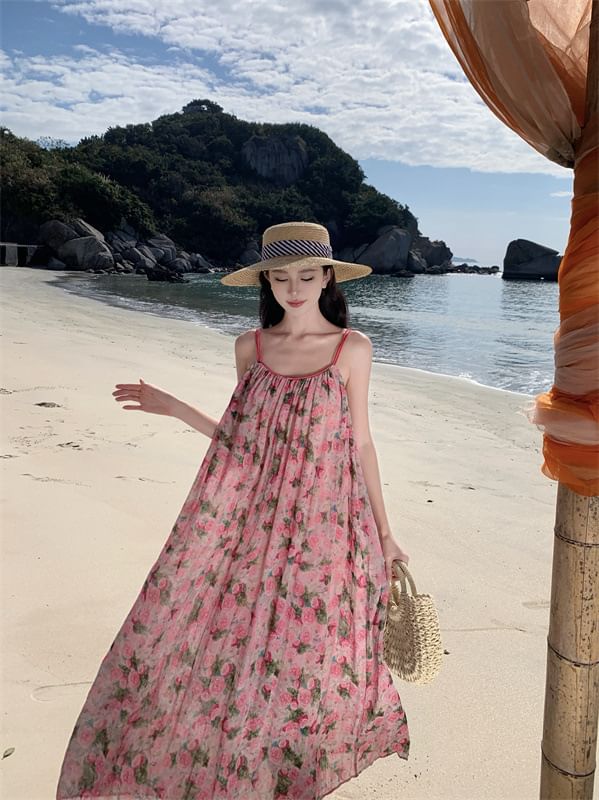 Maxi Spaghetti Dress A-Line Floral Strap Neck Scoop