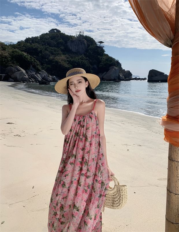 Maxi Spaghetti Dress A-Line Floral Strap Neck Scoop