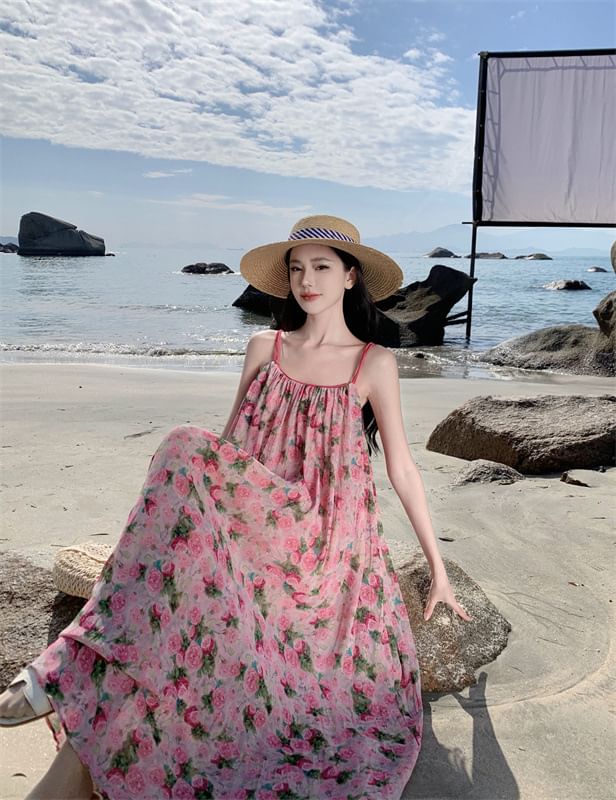 Maxi Spaghetti Dress A-Line Floral Strap Neck Scoop