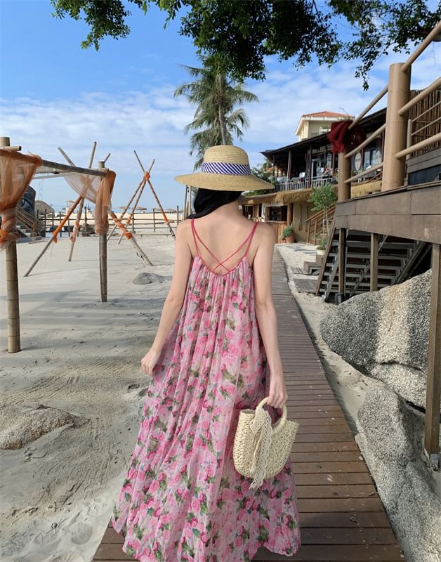 Maxi Spaghetti Dress A-Line Floral Strap Neck Scoop