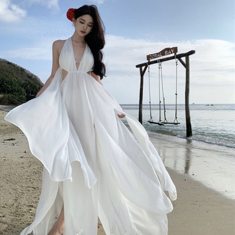 Plain Maxi V-Neck A-Line Sleeveless Dress