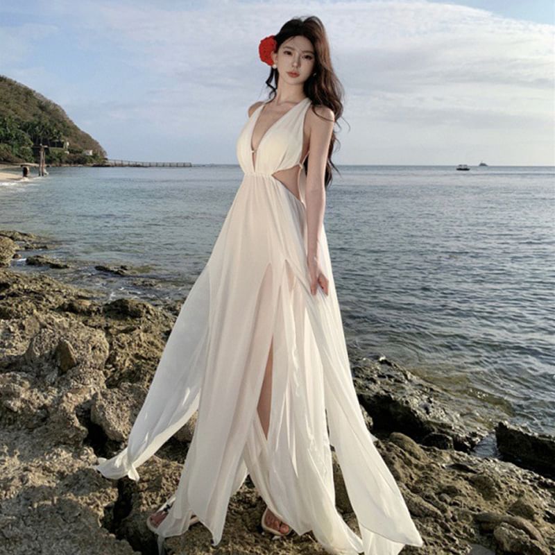 Plain Maxi V-Neck A-Line Sleeveless Dress