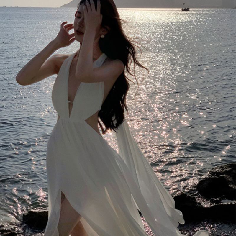 Plain Maxi V-Neck A-Line Sleeveless Dress