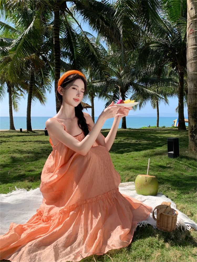 Scoop Strap Maxi Neck Spaghetti A-Line Plain Dress