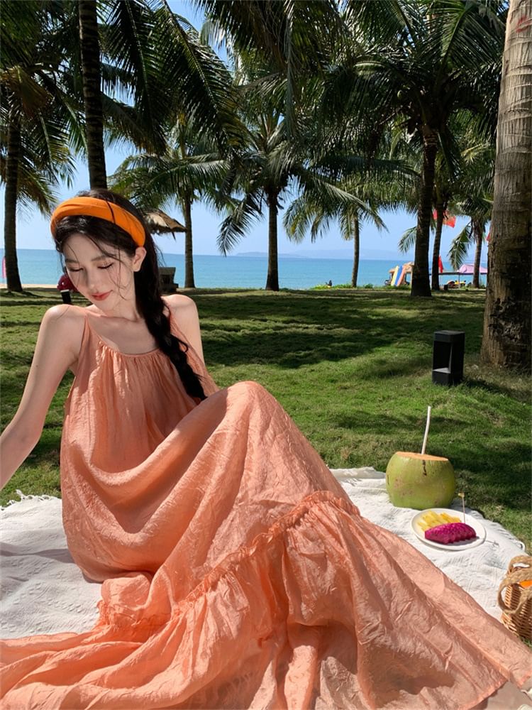 Scoop Strap Maxi Neck Spaghetti A-Line Plain Dress