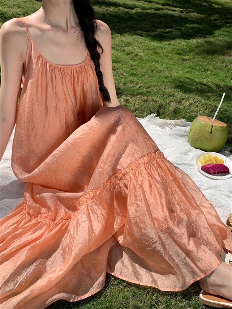 Scoop Strap Maxi Neck Spaghetti A-Line Plain Dress