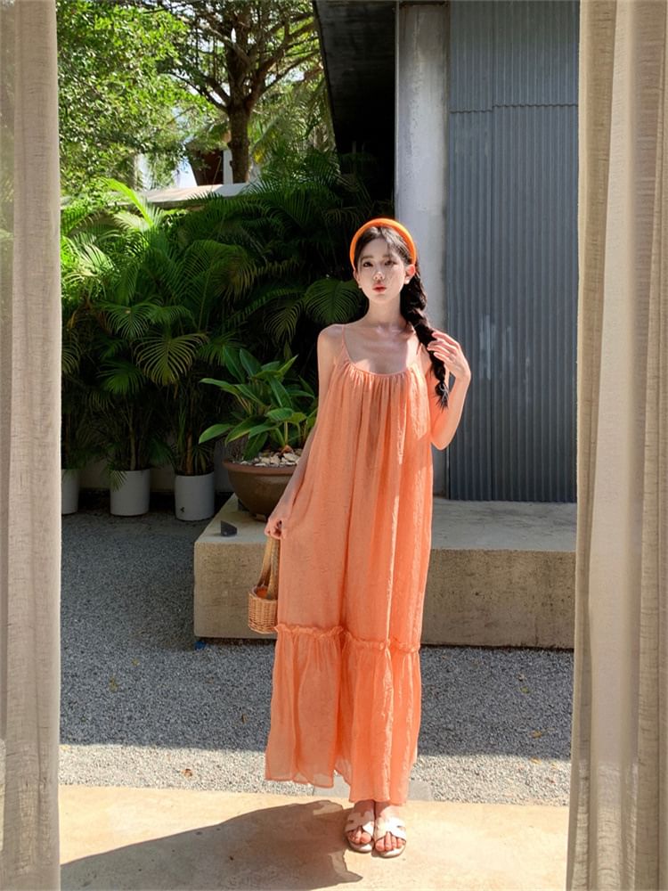 Scoop Strap Maxi Neck Spaghetti A-Line Plain Dress