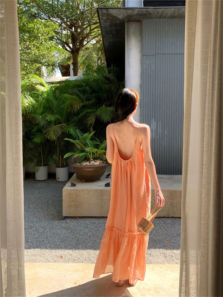 Scoop Strap Maxi Neck Spaghetti A-Line Plain Dress