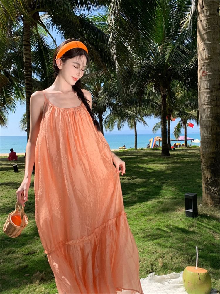 Scoop Strap Maxi Neck Spaghetti A-Line Plain Dress