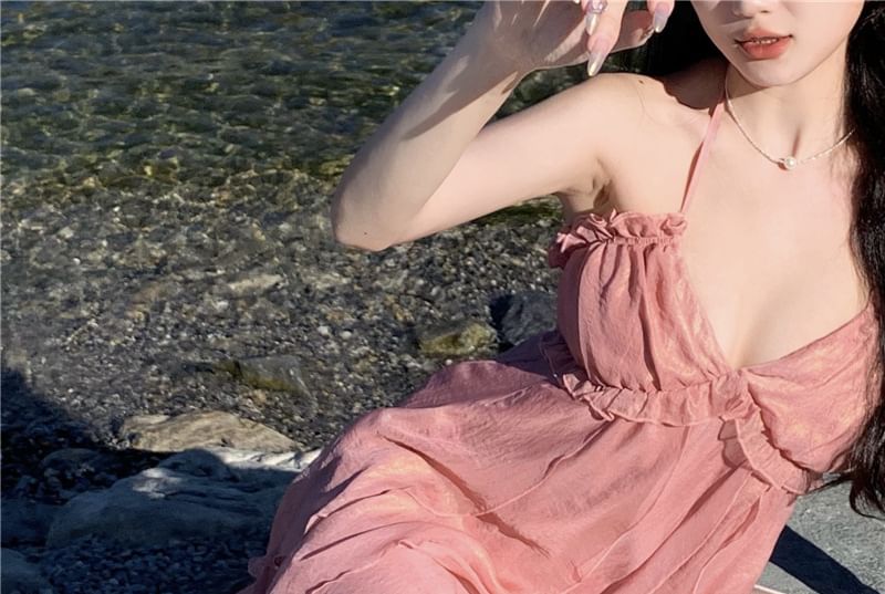 V-Neck Plain Maxi Trim Ruffle Dress A-Line Halter