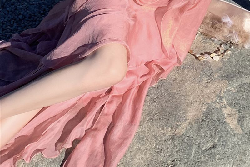 V-Neck Plain Maxi Trim Ruffle Dress A-Line Halter