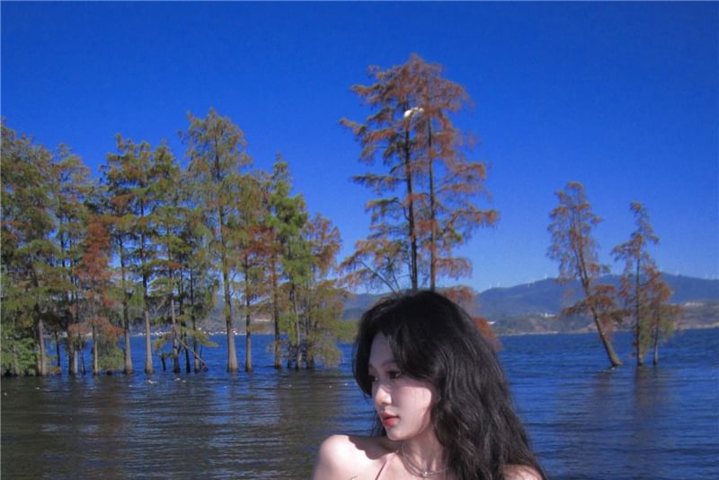 V-Neck Plain Maxi Trim Ruffle Dress A-Line Halter