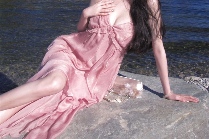 V-Neck Plain Maxi Trim Ruffle Dress A-Line Halter