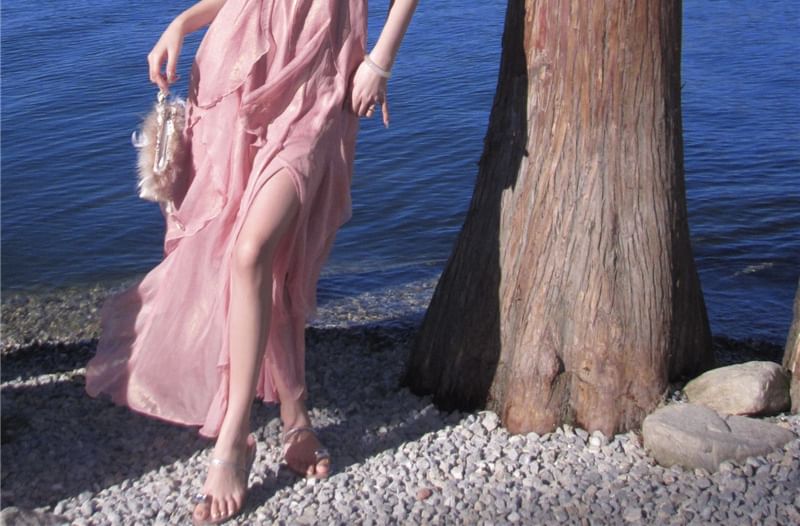 V-Neck Plain Maxi Trim Ruffle Dress A-Line Halter