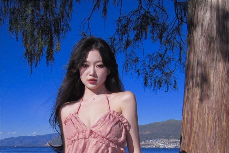 V-Neck Plain Maxi Trim Ruffle Dress A-Line Halter