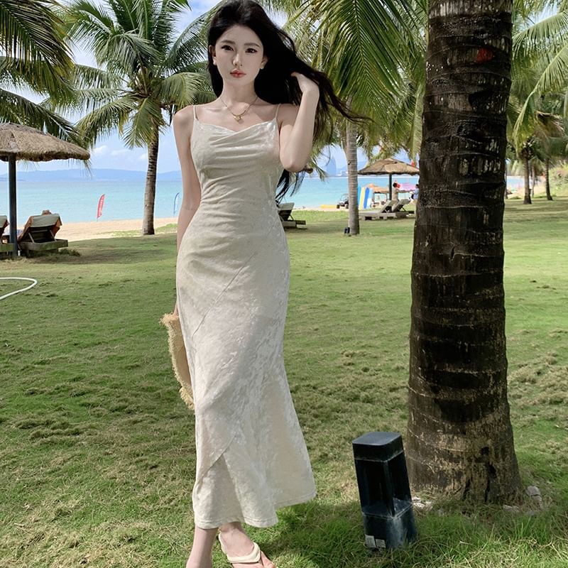 Maxi Strap Dress Plain Cowl Neck Spaghetti Mermaid