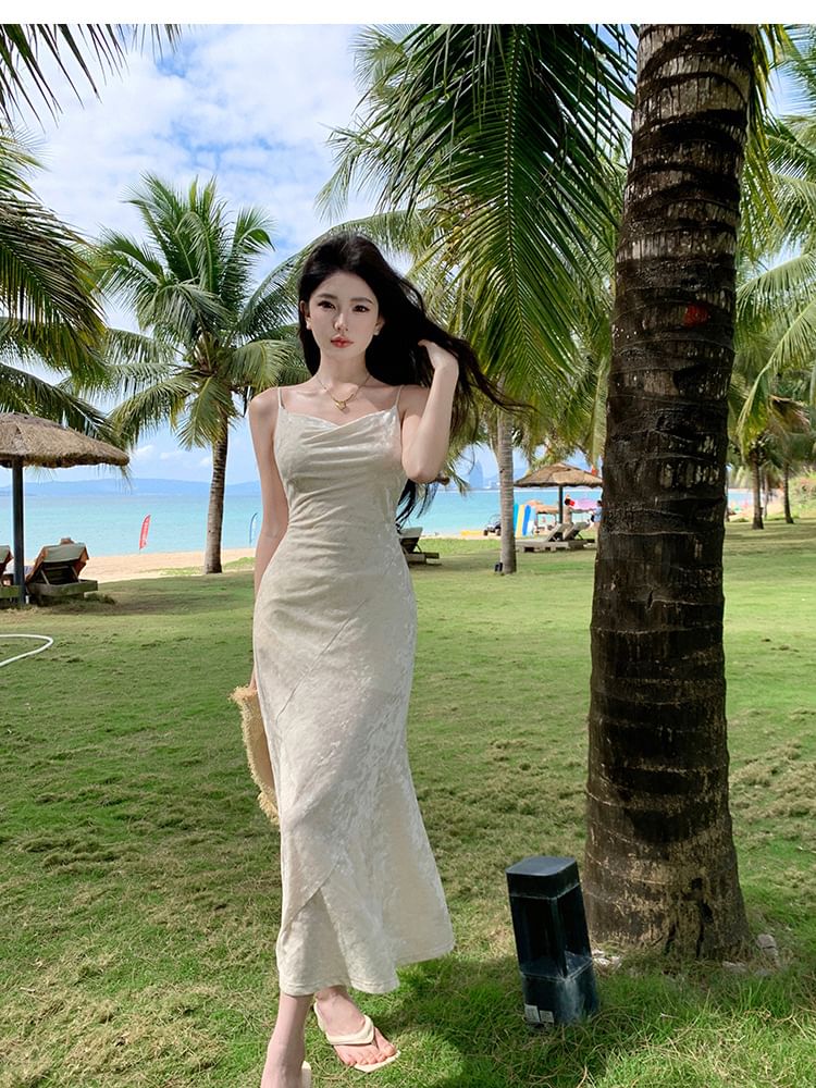 Maxi Strap Dress Plain Cowl Neck Spaghetti Mermaid