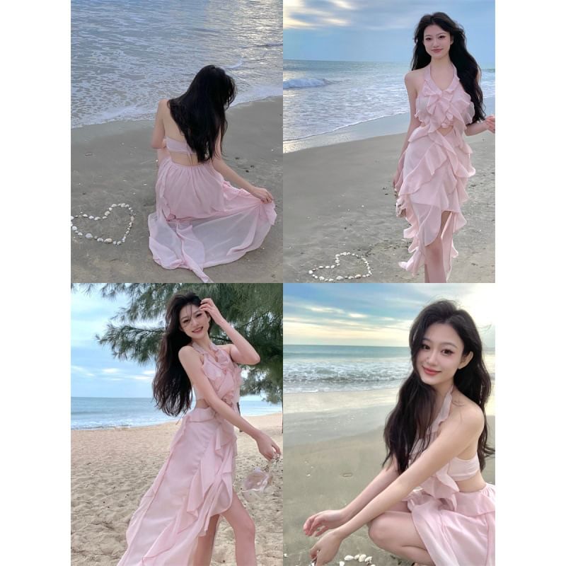 Dress Mini Ruffle Plain Neck Trim Cutout A-Line Halter