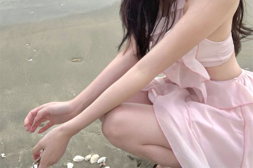 Dress Mini Ruffle Plain Neck Trim Cutout A-Line Halter