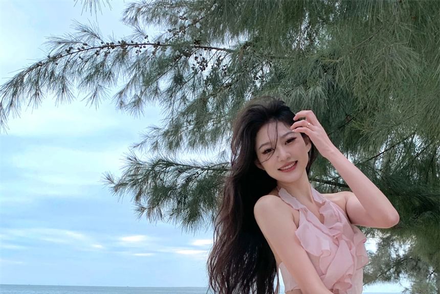 Dress Mini Ruffle Plain Neck Trim Cutout A-Line Halter